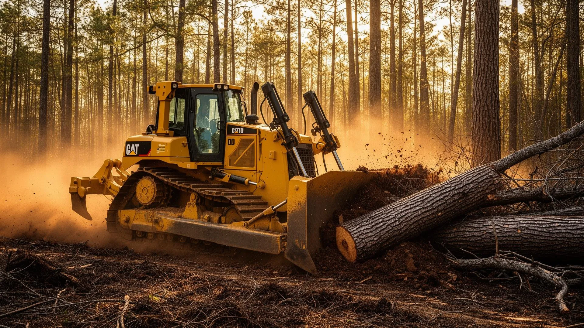 Dozer clearing fallen trees in a North Carolina forest